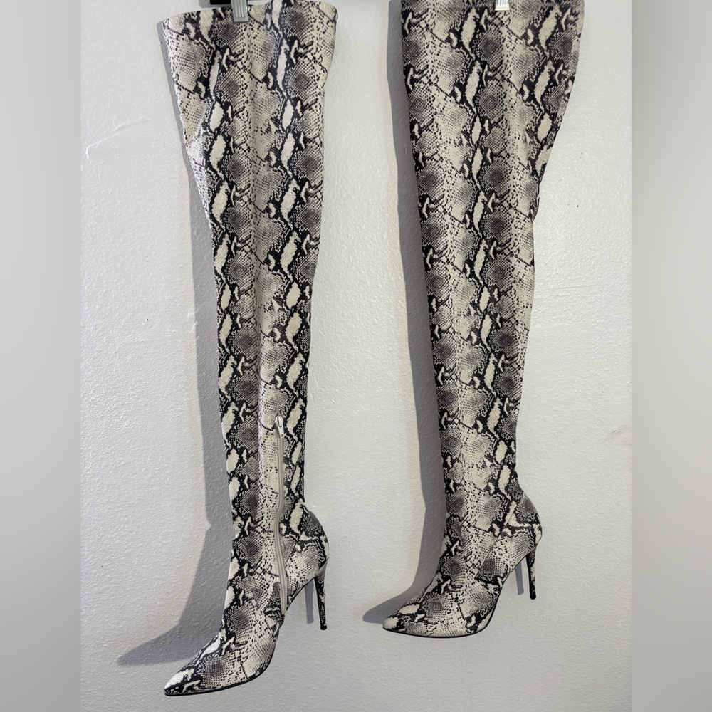 Snake-Print Over-the-Knee Stiletto Boots - Black & White